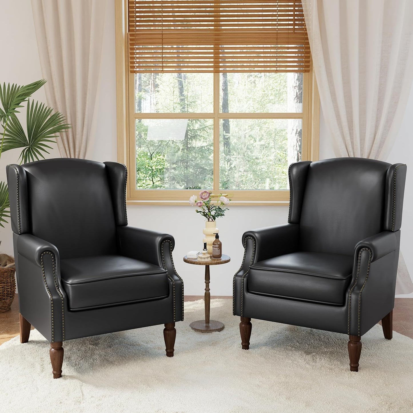 Accent Chairs, Faux Leather High Back Armchair Set of 2 or Living Room, Comfy Upholstered Single