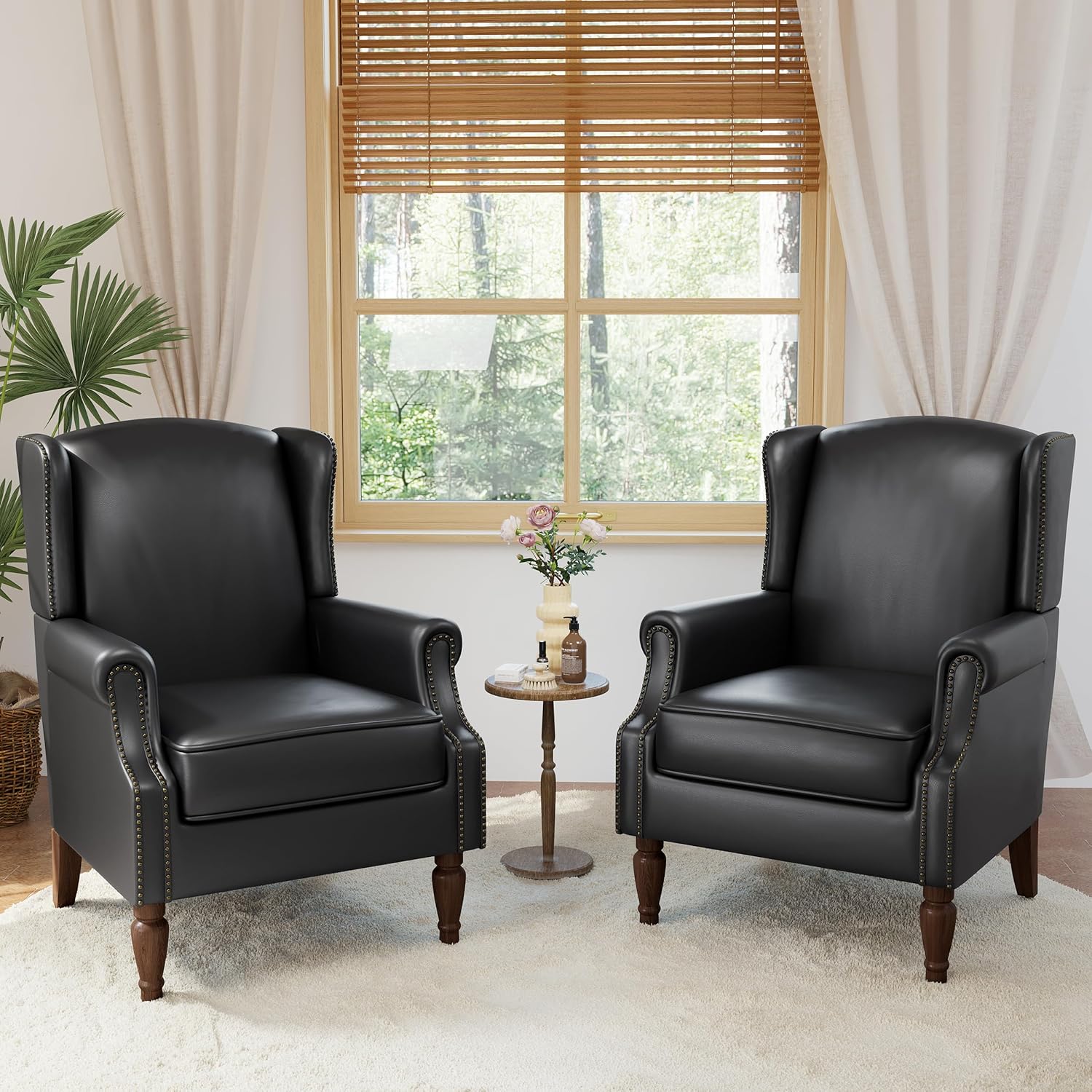 Accent Chairs, Faux Leather High Back Armchair Set of 2 or Living Room, Comfy Upholstered Single