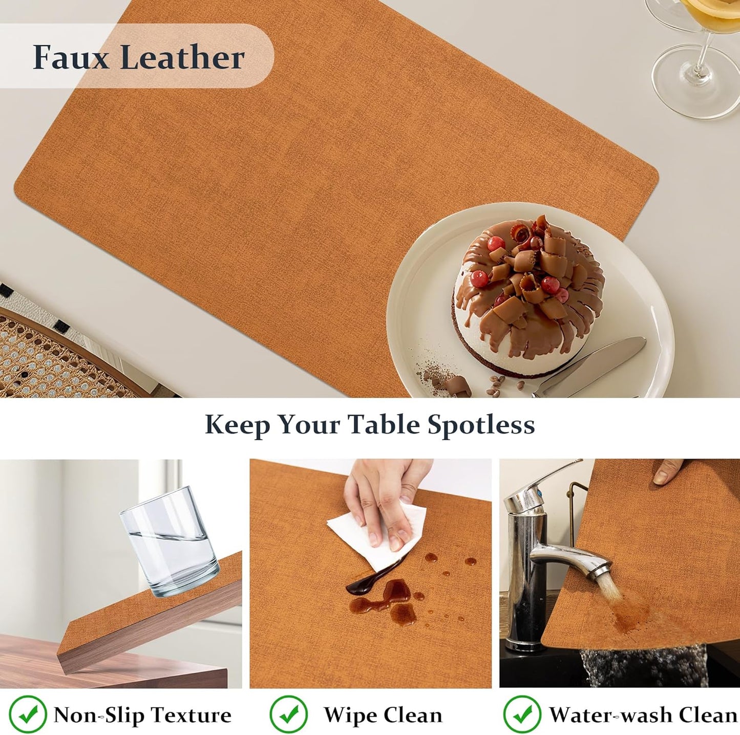 FROMHEART Faux Leather Placemats Set of 6–Waterproof,Heat/Oil Stain-Resistant PU Table