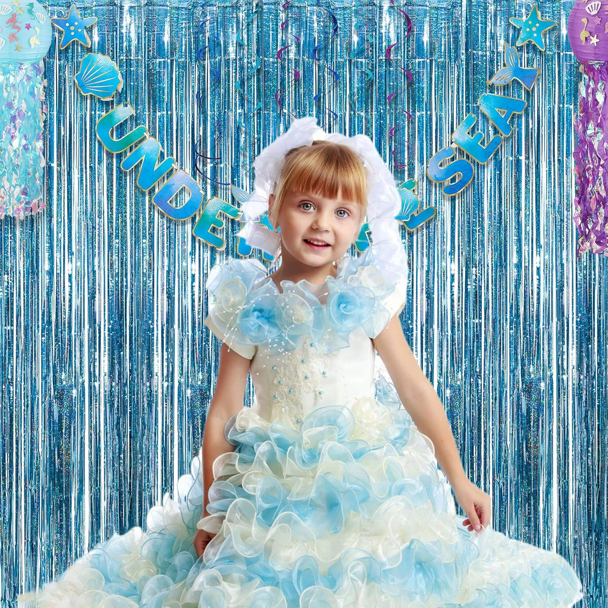 Blue Tinsel Curtain Party Backdrop - GREATRIL Foil Curtain Party Photo Streamers Backdrop for
