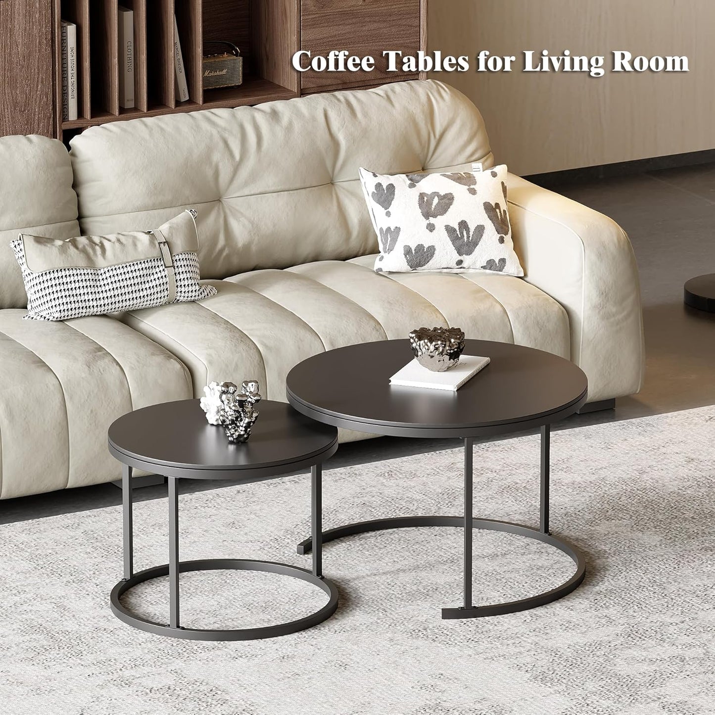 Round Nesting Coffee Table, Black Modern Decorative Coffee Center Table Set of 2, Sintered Stone