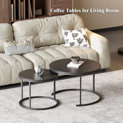 Round Nesting Coffee Table, Black Modern Decorative Coffee Center Table Set of 2, Sintered Stone