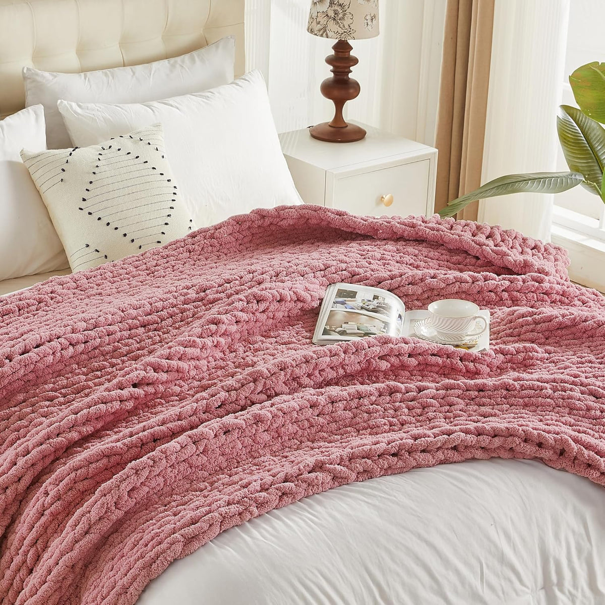 Carriediosa Chunky Knit Throw Blanket 50" X 60", 100% Hand Made Large Chenille Loop Yarn Soft