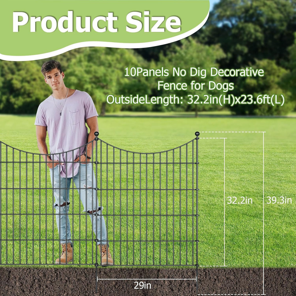 10 Panels Garden Fence Dog Fence Outdoor for Yard, 32in H x 23.6ft L Rustproof Metal Fencing with