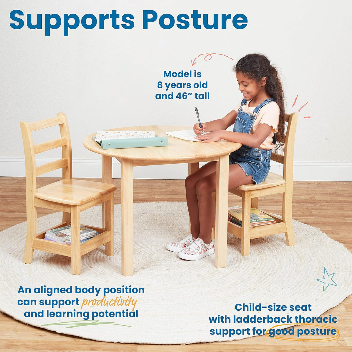 ECR4Kids Three Rung Ladderback Chair with Storage, 14in Seat Height, Classroom Seating, Honey