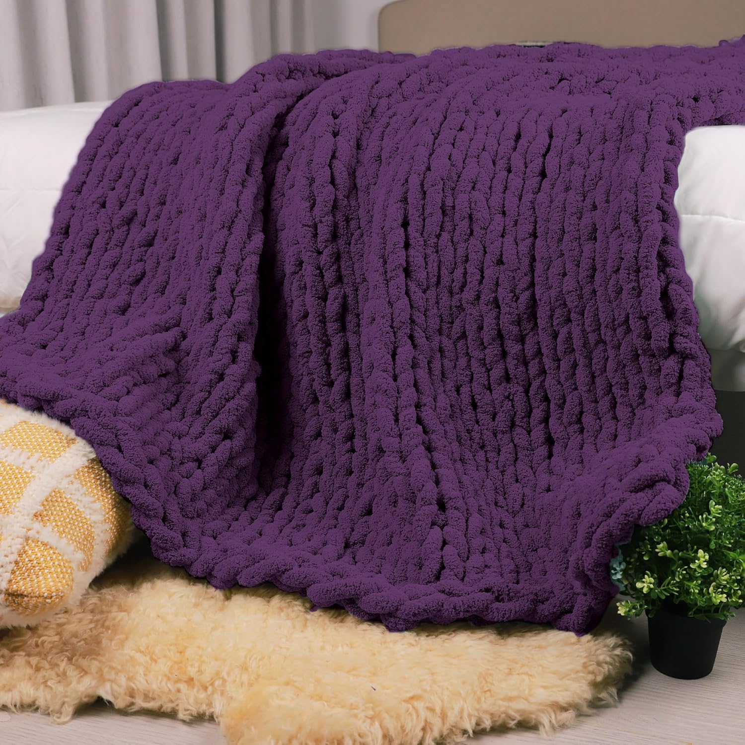 Carriediosa Chunky Knit Throw Blanket 60" X 80" Twin, 100% Hand Made Large Chenille Loop Yarn Soft