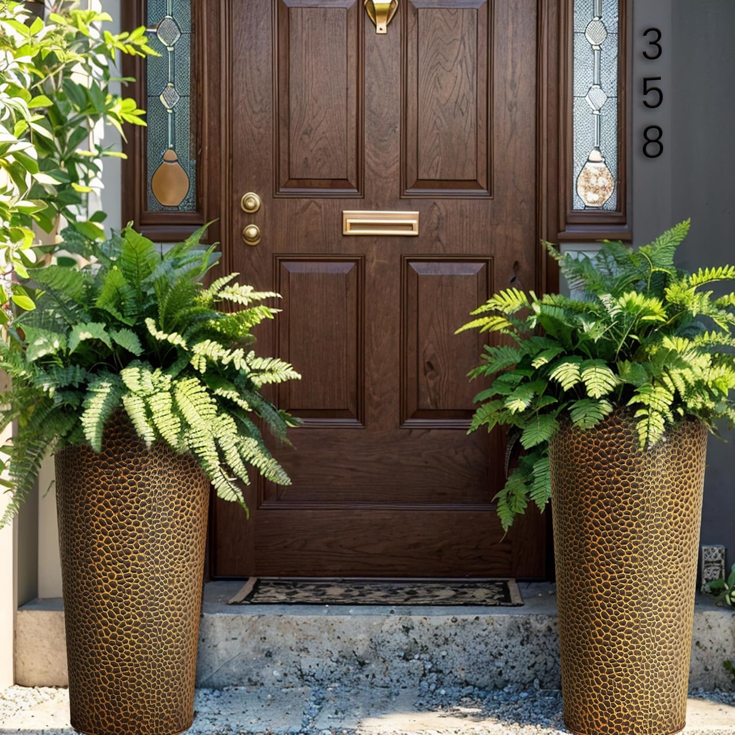 KOL 25" H. Metal Hand-Hammered Planters with Inner Pots 2-Pack, Bronze Decor Planter for Deck