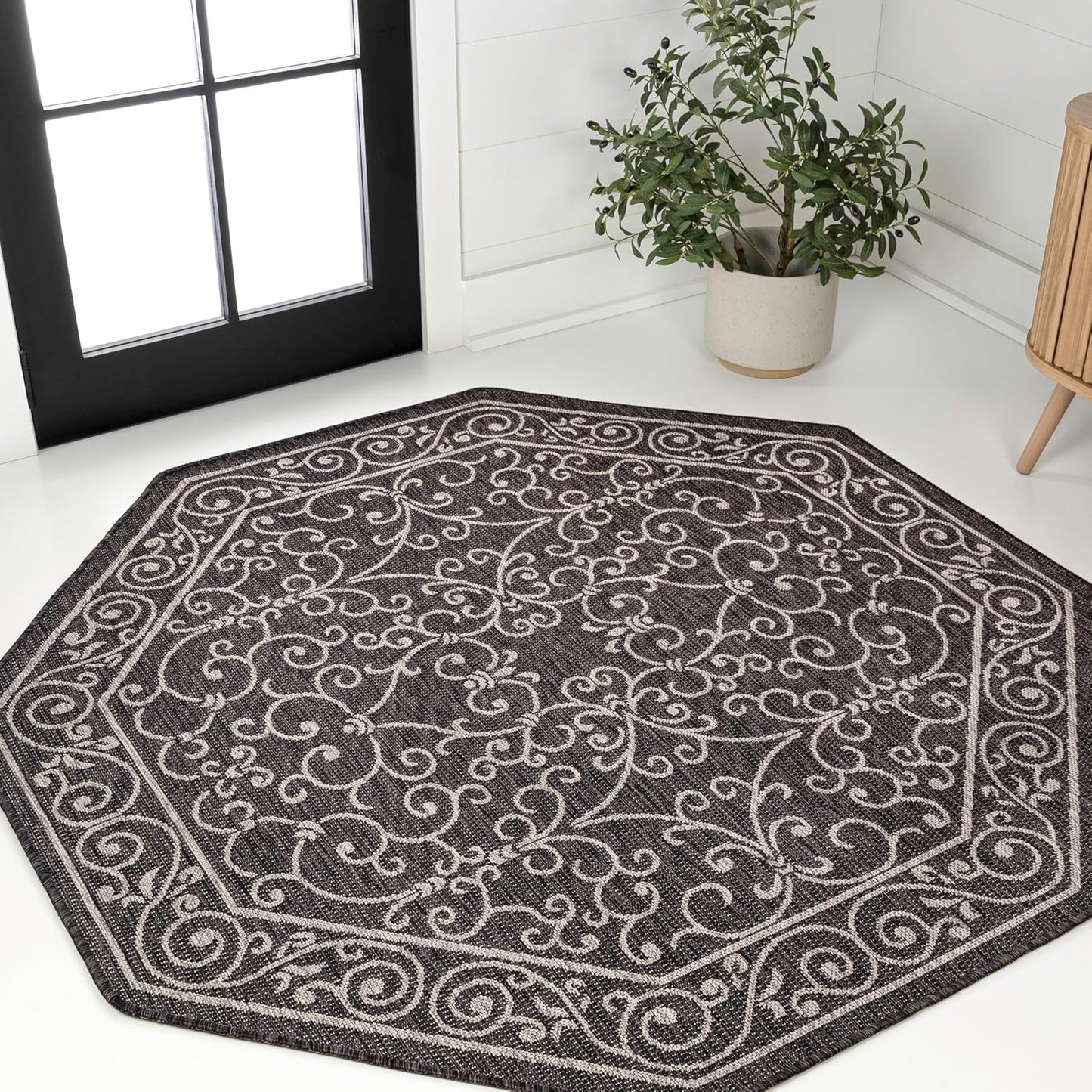 JONATHAN Y Vintage Filigree Indoor Outdoor Octagon Area Rug 8 Ft Black/Gray, Charleston Textured