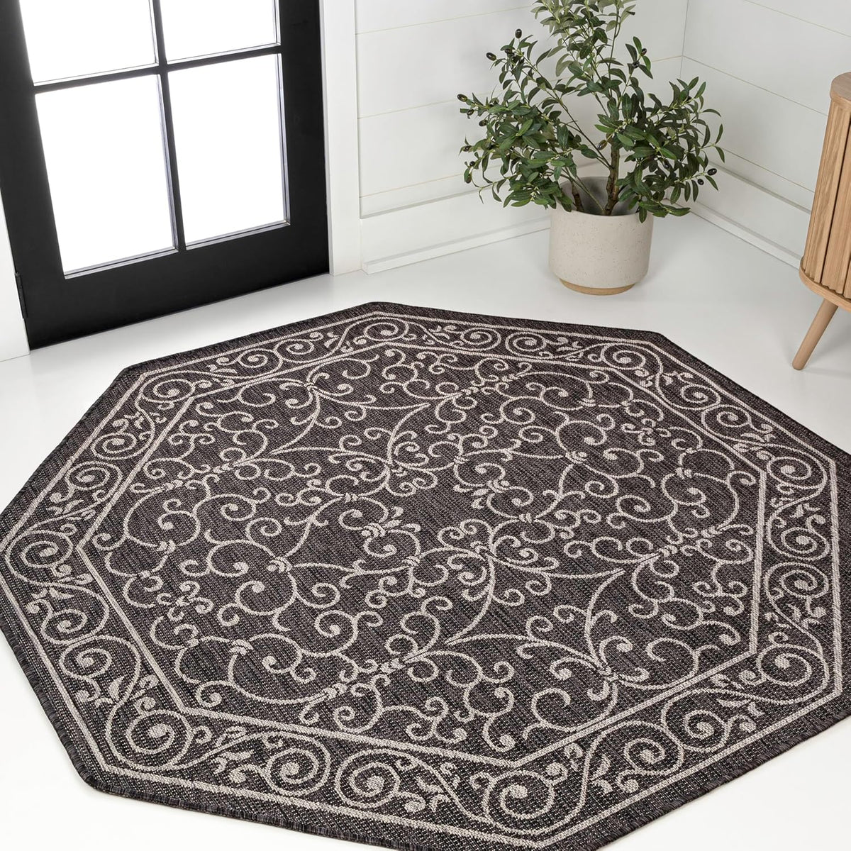 JONATHAN Y Vintage Filigree Indoor Outdoor Octagon Area Rug 8 Ft Black/Gray, Charleston Textured