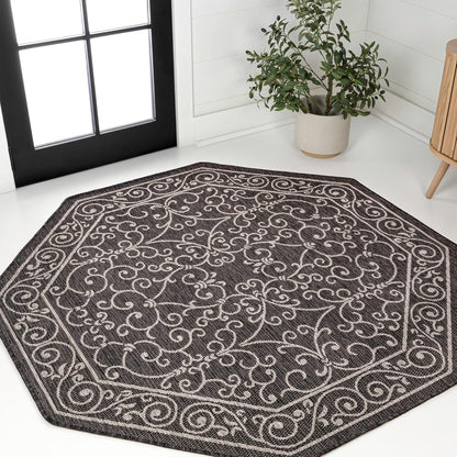 JONATHAN Y Vintage Filigree Indoor Outdoor Octagon Area Rug 8 Ft Black/Gray, Charleston Textured