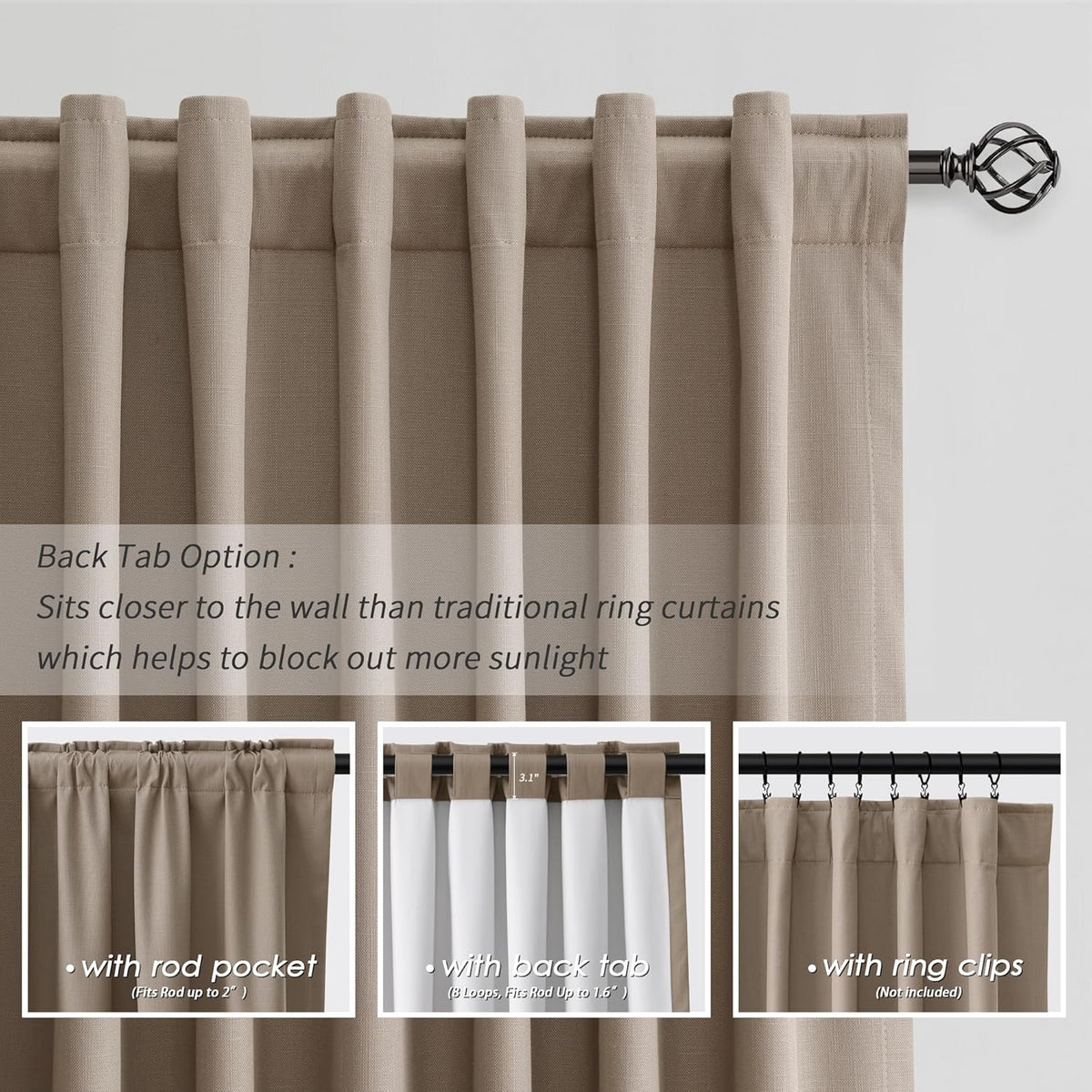 BOODII 100 Inch Blackout Curtains 2 Panels Set Back Tab Thermal Insulated Light Brown Linen