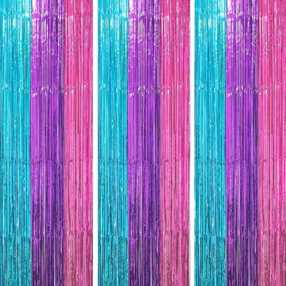 3 Pack 3.3 x 8.2 ft Blue Purple Pink Foil Fringe Backdrop Curtains, Tinsel Streamers Party