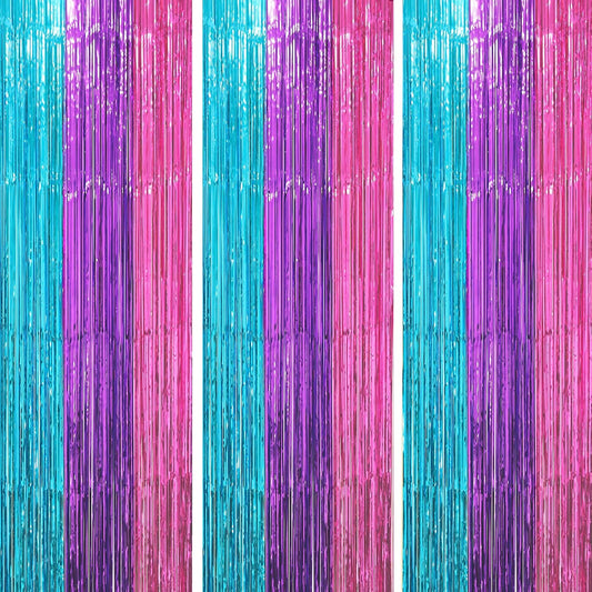 3 Pack 3.3 x 8.2 ft Blue Purple Pink Foil Fringe Backdrop Curtains, Tinsel Streamers Party
