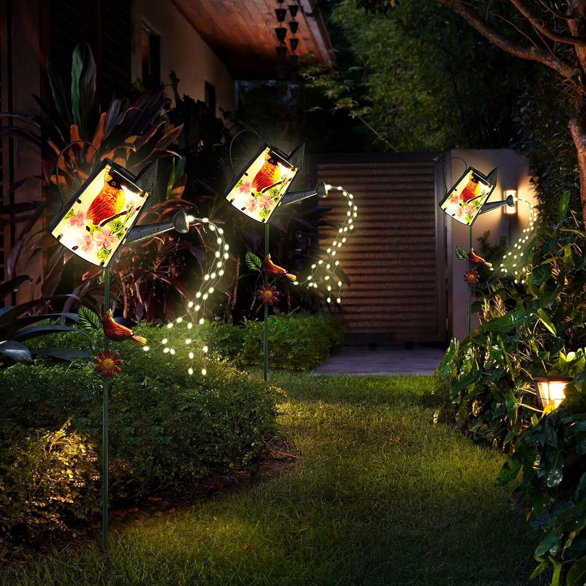 Garden Solar Lights Outdoor, Metal Watering Can Garden Stake Lights Cardinal Bird Decor Glass Art