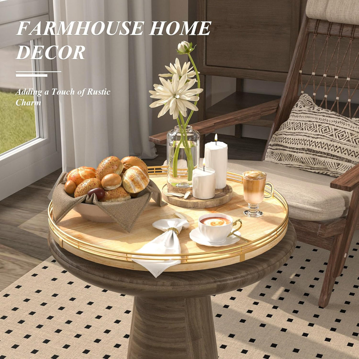 18 Inch Rustic Lazy Susan Turntable – Solid Oak & Iron Wood Rotating Tray for Dining Table, Kitchen