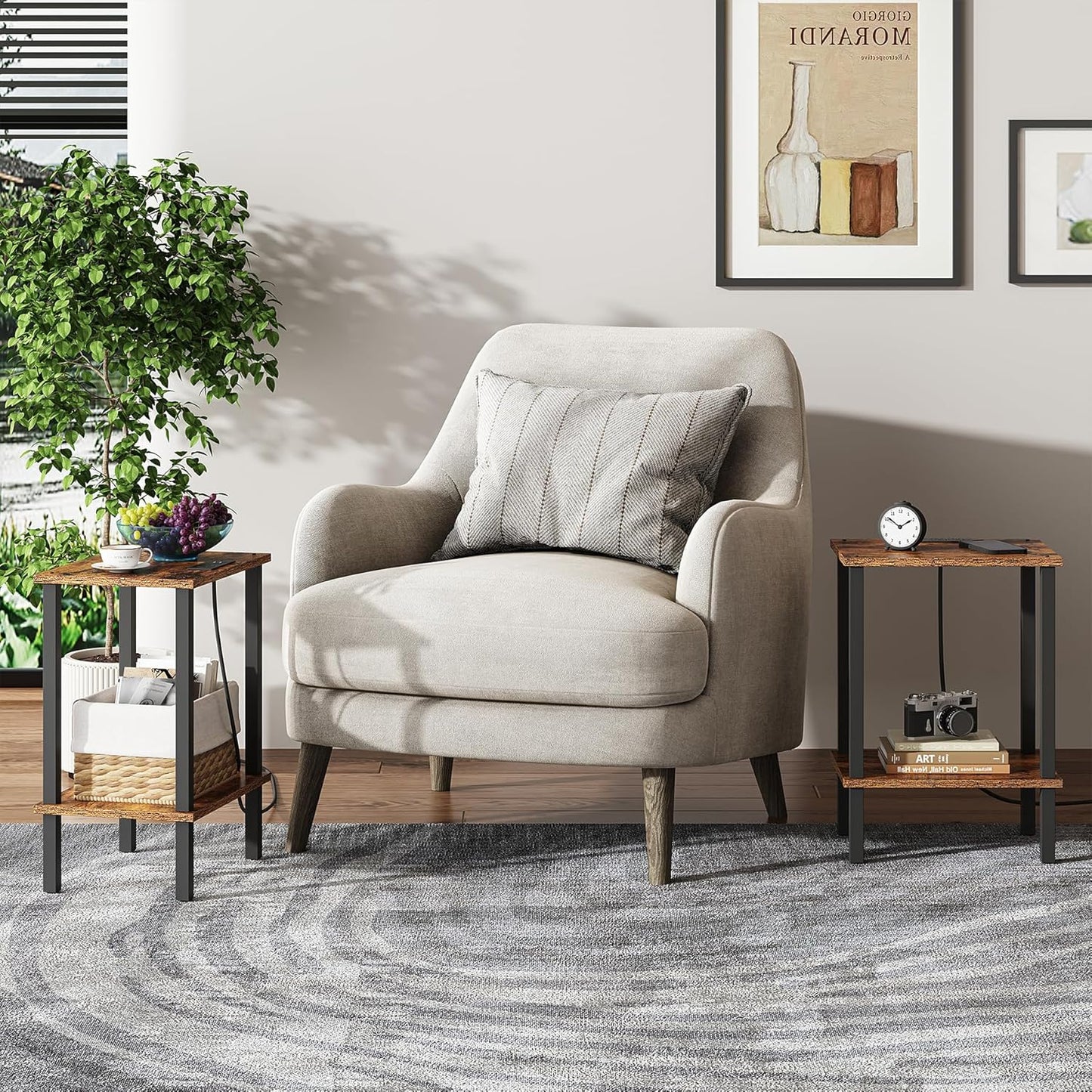 TUTOTAK End Table with Charging Station, Side Table with USB Ports and Outlets, Nightstand, 2-Tier
