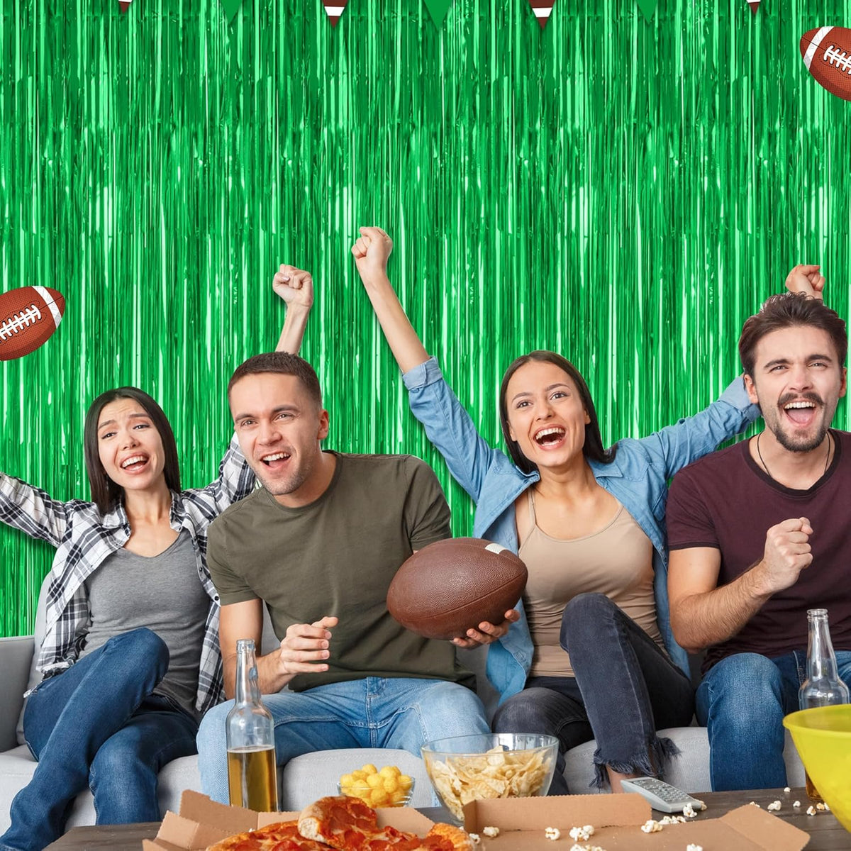 12 Pack Party Decorations, 3.28 FT x 7.05 FT Green Streamer, Metallic Birthday Backdrop Foil Fringe