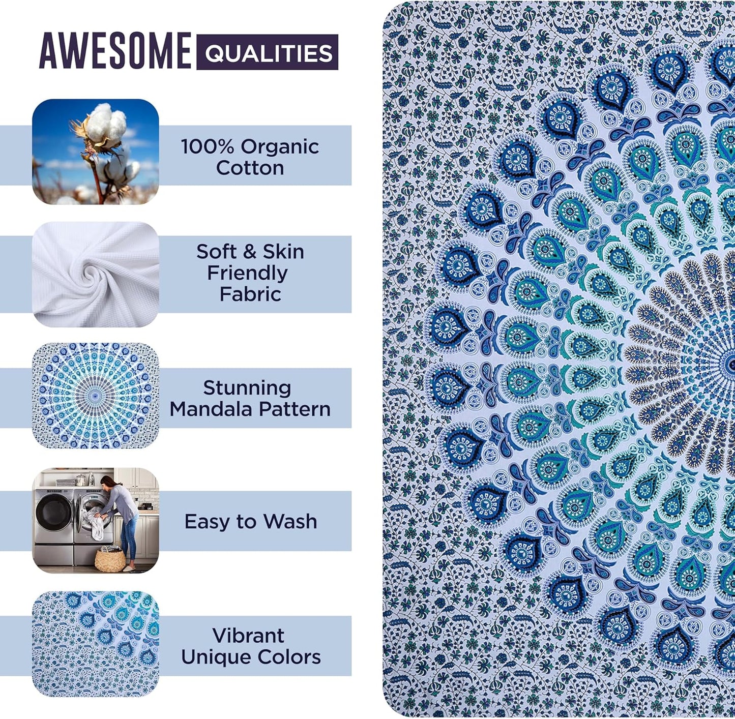 raajsee White Blue Tapestry- Best Mandala Wall Hanging- Bedding Tapestry For Bedroom Aesthetic-Size
