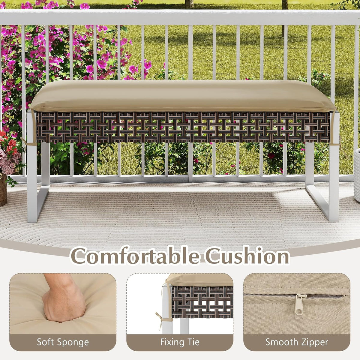 Tangkulka Outdoor Ottoman, Patio Rattan Heavy Duty Wicker Footrest with Soft Cushion & Metal Frame