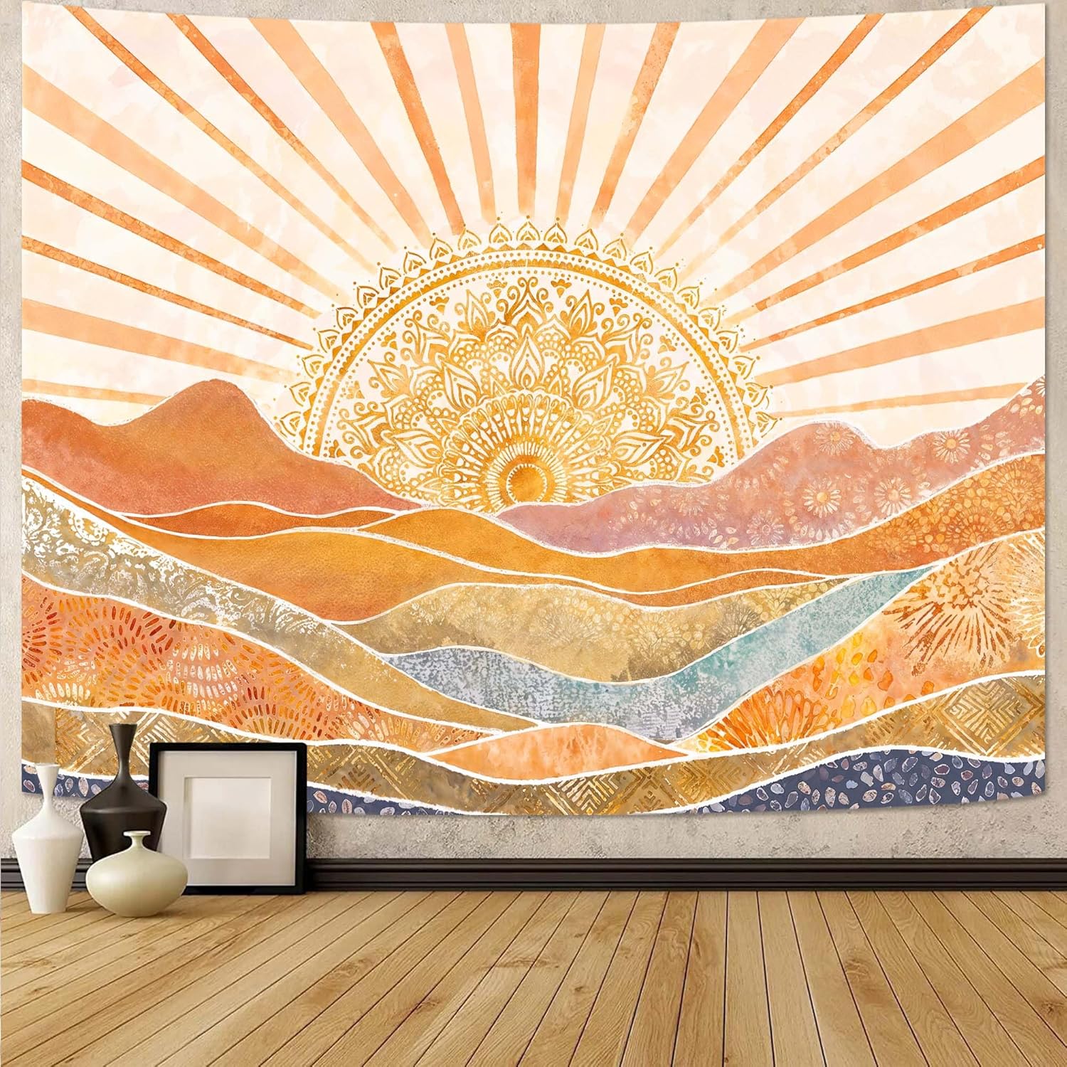 Lunerfex Bohemian Mandala Sunrise Wall Tapestry, Abstract Mountain Scenery Tapestries for Home