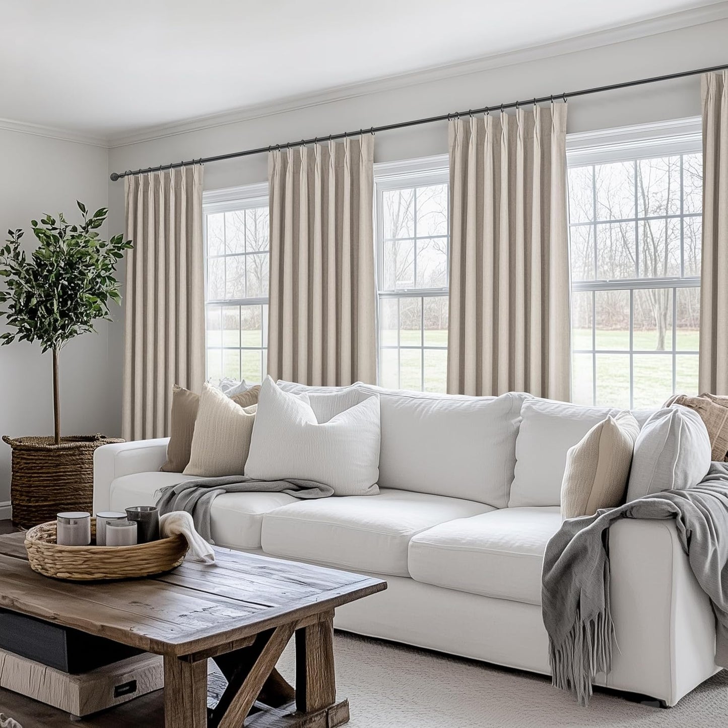 Viral Curtains with Pinch Pleat Clips & Hooks, Grey Taupe Faux Linen Blackout Curtain for Bedroom