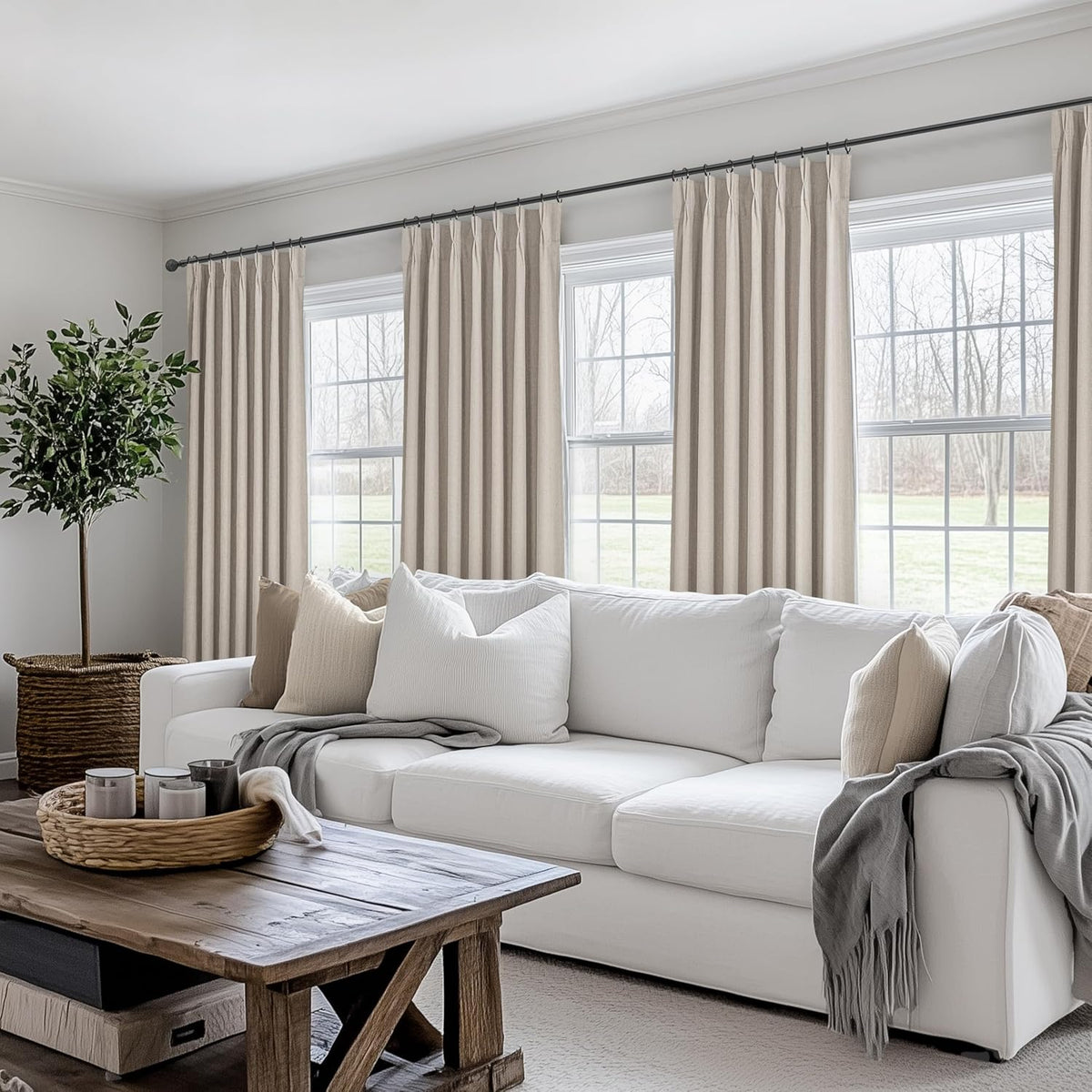 Grey Beige Taupe Viral Curtains with French Pinch Pleat Clips& White Backing, Thermal Living