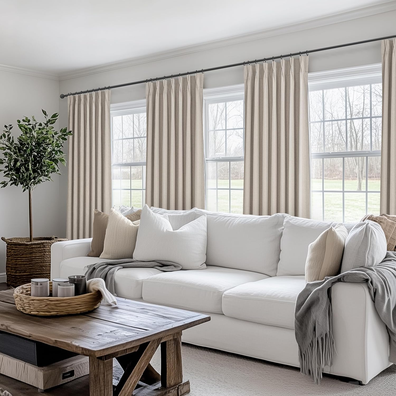 Grey Beige Taupe Viral Curtains with French Pinch Pleat Clips& White Backing, Thermal Living