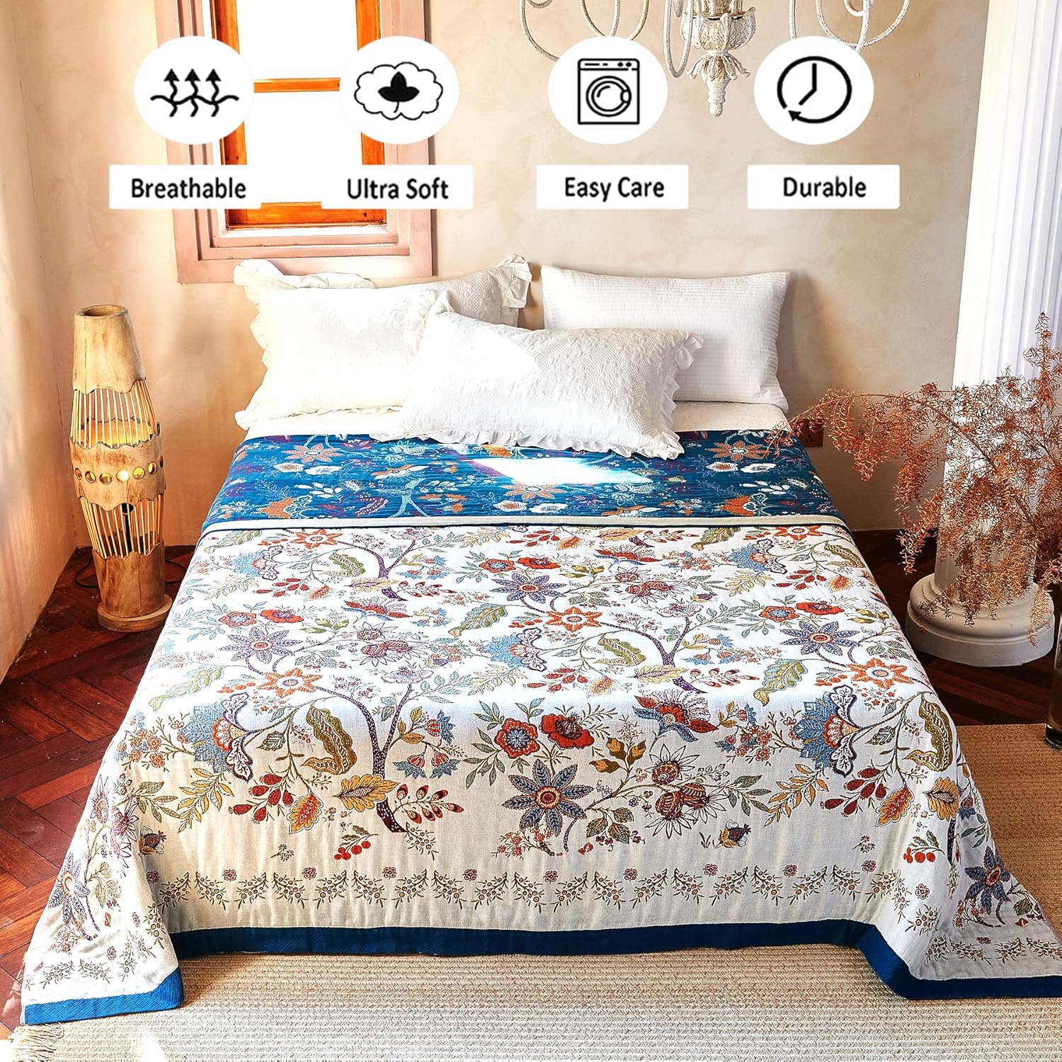 Boho Throw Blanket, 100% Organic Cotton Breathable Ultra Soft Bed Quilt Throw - All Season Floral