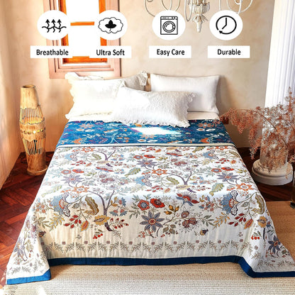 Boho Throw Blanket, 100% Organic Cotton Breathable Ultra Soft Bed Quilt Throw - All Season Floral