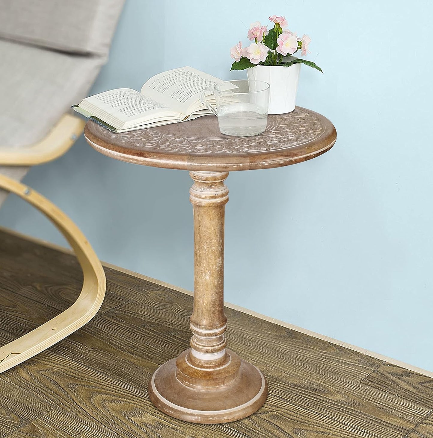 Lightnpro Carved Round End Table with Single Pillar - Handcrafted Accent Bedside Nightstand Side