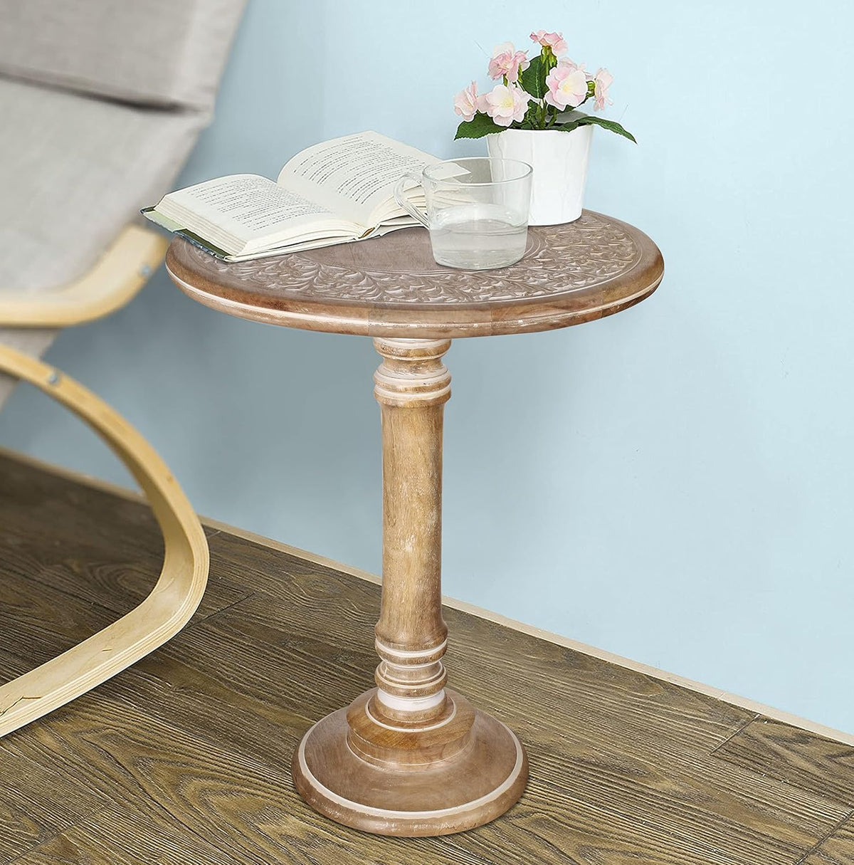 Lightnpro Carved Round End Table with Single Pillar - Handcrafted Accent Bedside Nightstand Side