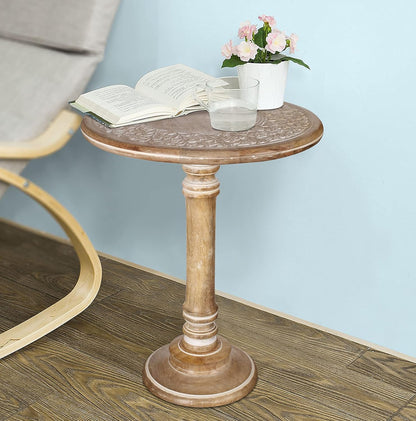 Lightnpro Carved Round End Table with Single Pillar - Handcrafted Accent Bedside Nightstand Side