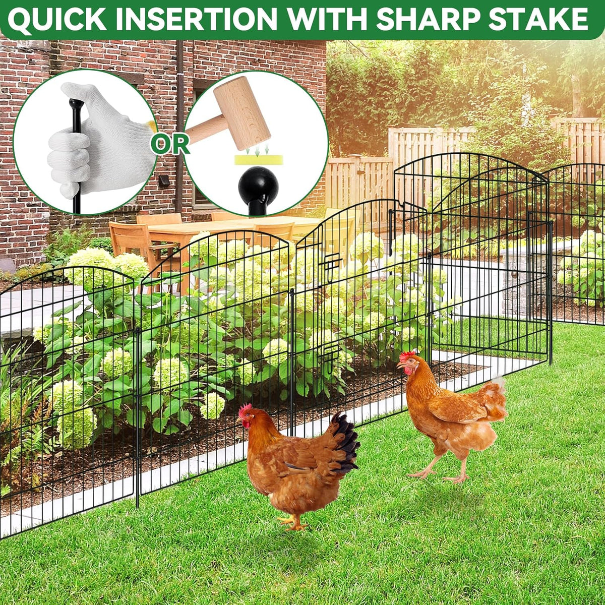 No Dig Decorative Garden Fence with Gate 32in (H) x 24ft (L), 9 Panels + 1 Gate +11 Stakes