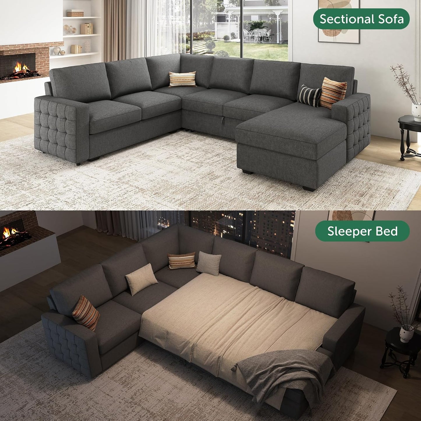 HONBAY Sectional Sleeper Sofa with Pull Out Bed U-Shape Sectional Couch Sleeper Bed with Storage