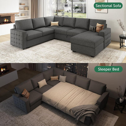 HONBAY Sectional Sleeper Sofa with Pull Out Bed U-Shape Sectional Couch Sleeper Bed with Storage