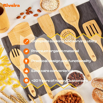 Riveira Natural Bamboo Wooden Cooking Utensils Set of 9 Premium Quality Non-Toxic Wooden Spoons and