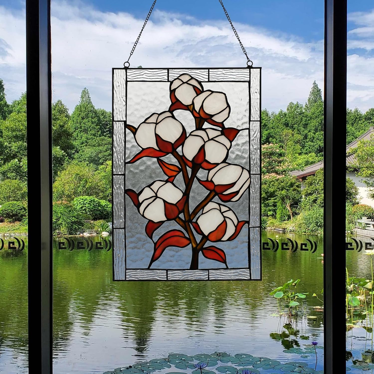 YOURANJU Stained Glass Window Hanging 16" H x 11" W Tiffany Style Rectangular Window Panel Suitable