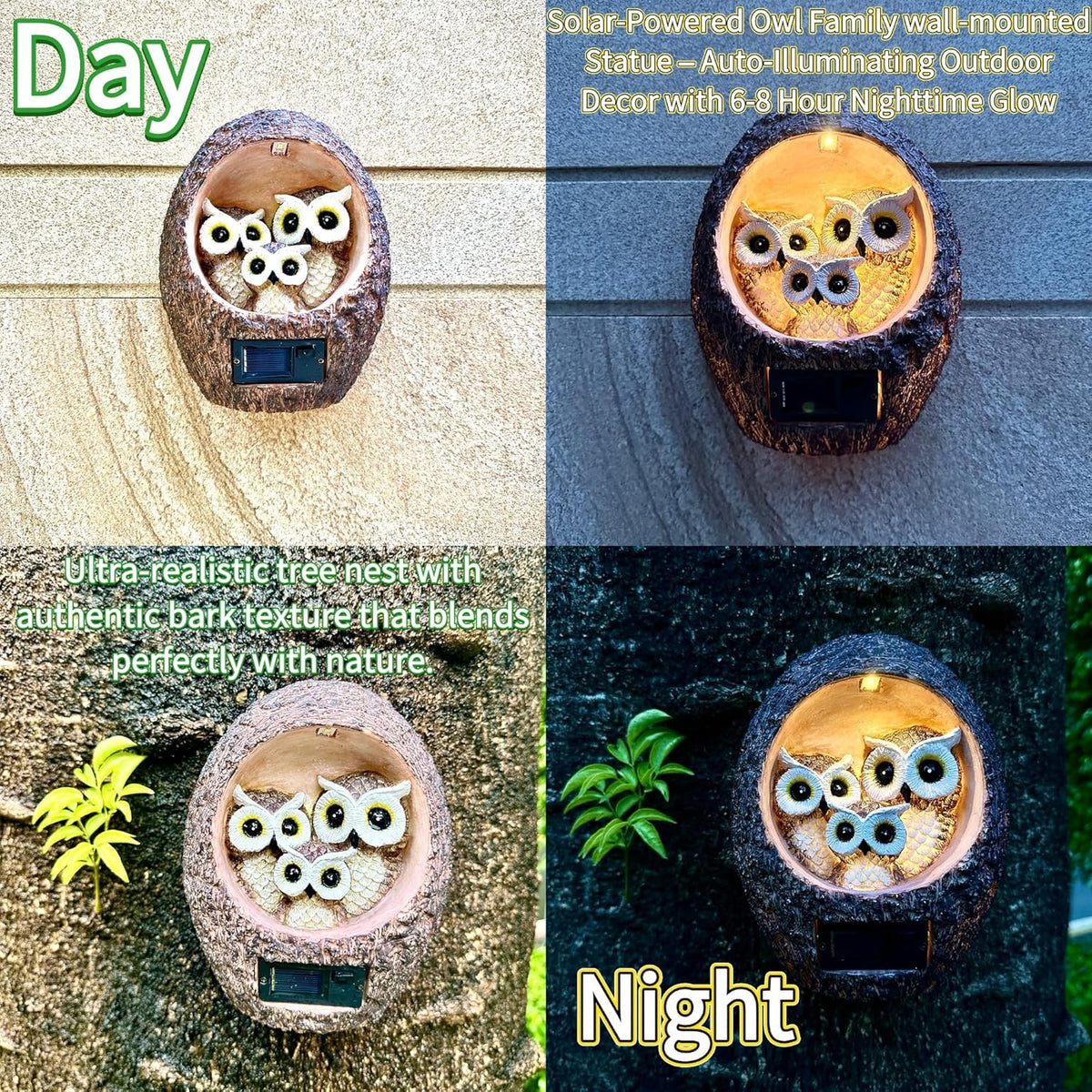 Garden Owl Family Tree Hugger Statue Solar Powered Outdoor Wall Mounted Figurine Light Resin