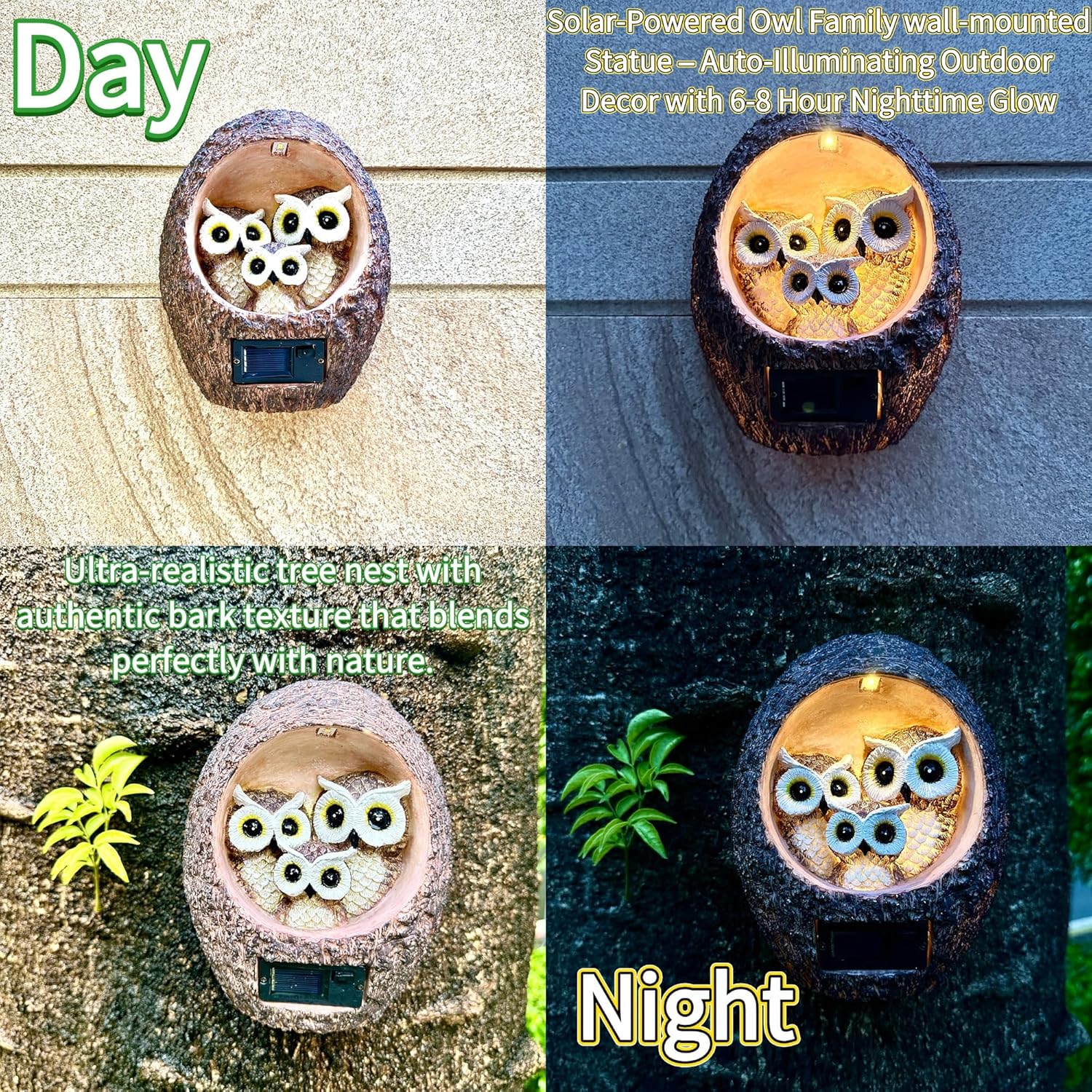 Garden Owl Family Tree Hugger Statue Solar Powered Outdoor Wall Mounted Figurine Light Resin