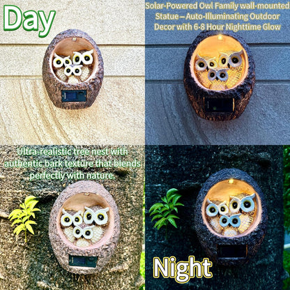 Garden Owl Family Tree Hugger Statue Solar Powered Outdoor Wall Mounted Figurine Light Resin