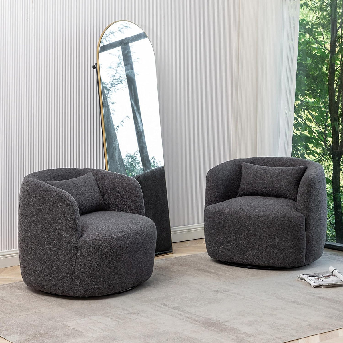 KINWELL 34" Wide Boucle Swivel Barrel Chairs Set of 2, No Assembly Round Upholstered Armchairs