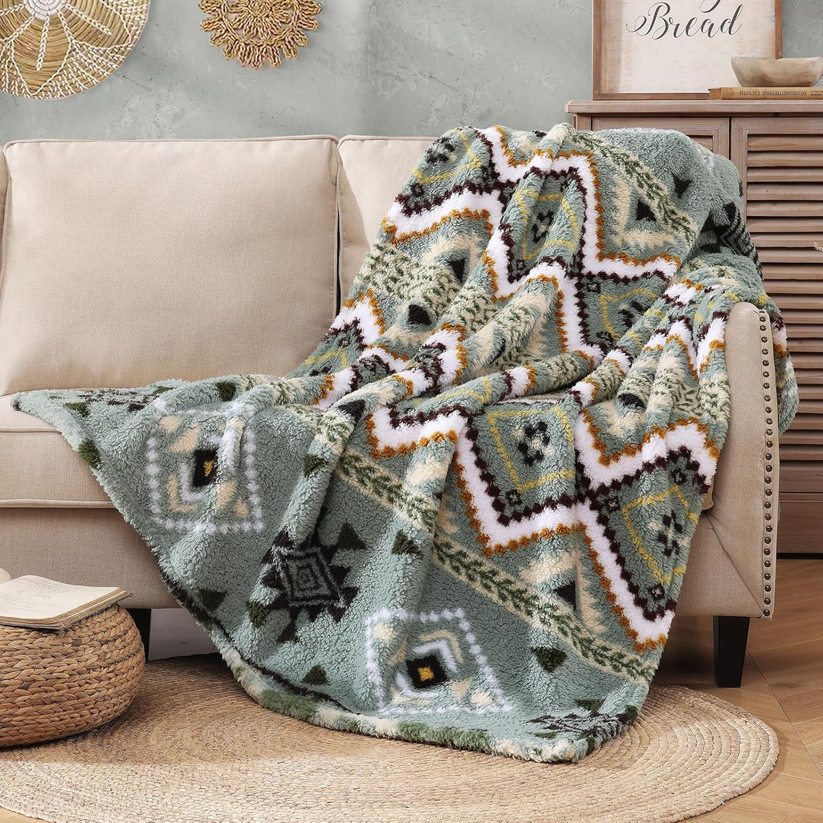 CASAAGUSTO Boho Sherpa Blanket, Aztec Twin Blanket,Ultra Soft, Warm, Cozy, Plush, Thick Fleece