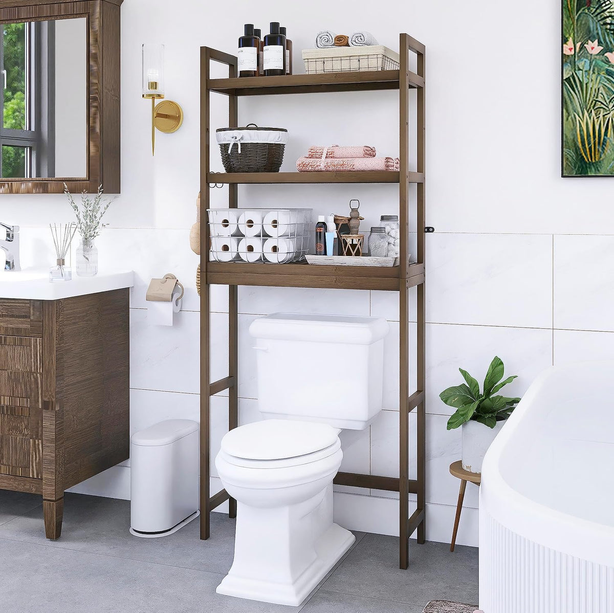 SMIBUY Bathroom Storage Shelf, Bamboo Over-The-Toilet Organizer Rack, Freestanding Toilet Space