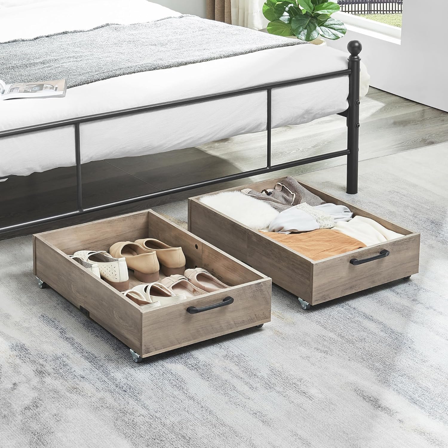 Under Bed Storage with Wheels, 2-Pack Under Bed Shoe Storage Organizer Drawer, Composite Wood