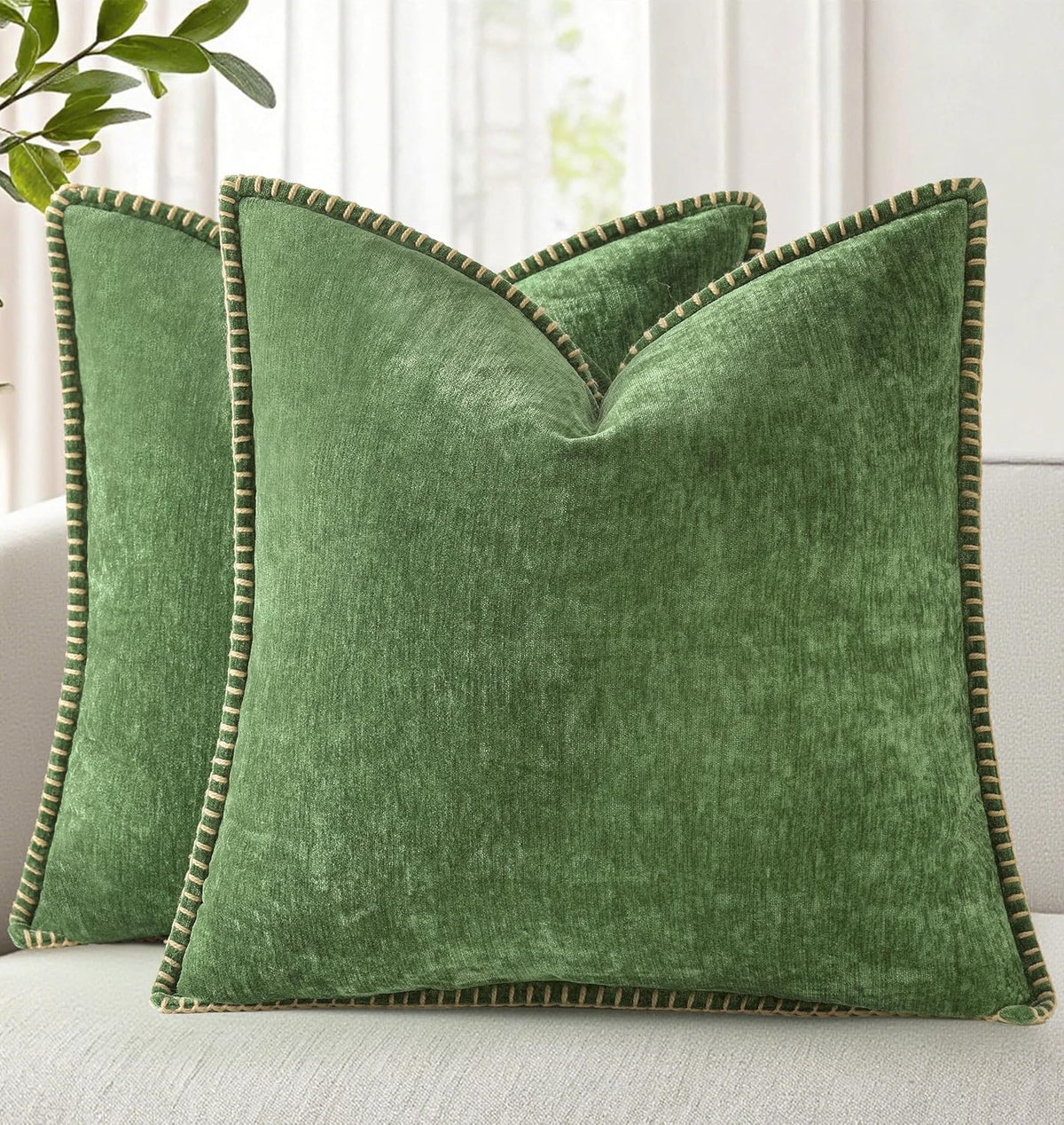 decorUhome Fall Chenille Soft Throw Pillow Covers 18x18 Set of 2, Farmhouse Velvet Neutral
