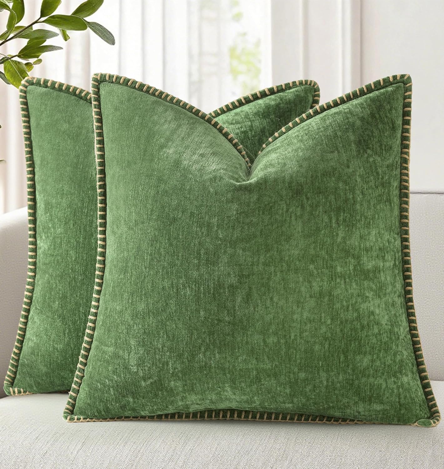 decorUhome Fall Chenille Soft Throw Pillow Covers 18x18 Set of 2, Farmhouse Velvet Neutral