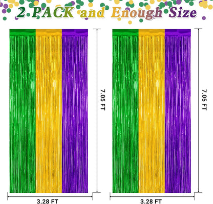 2 Pack Mardi Gras Tinsel Backdrop, 3.28 FT x 7.05 FT Metallic Fringe Curtain, Purple Gold Green