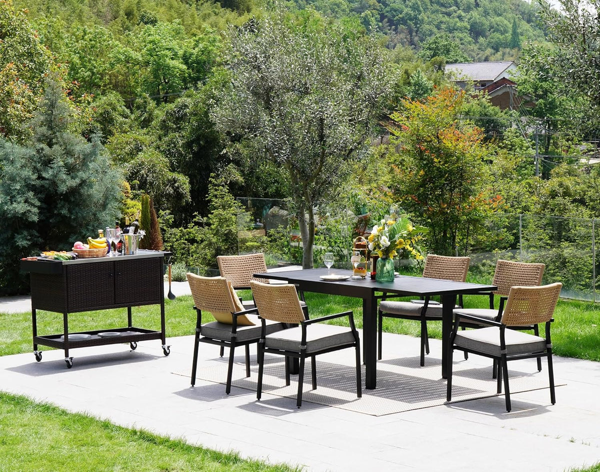 Grand patio Outdoor Wicker Bar Cart, Outdoor Bar Table with Stainless Steel Tabletop, Patio Kitchen