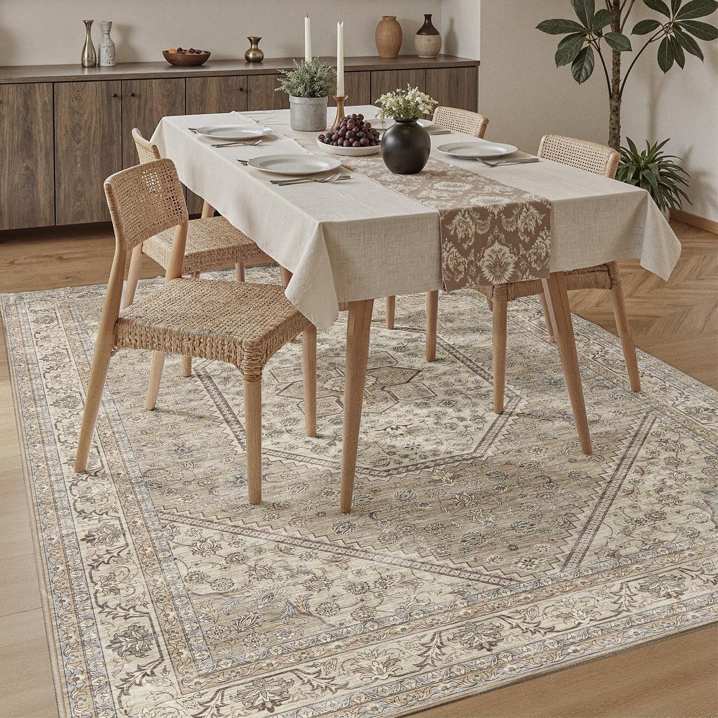 DCX Machine Washable Brown and Beige Area Rug 8x10, Non Slip Stain Resistant Vintage Floral Rug for