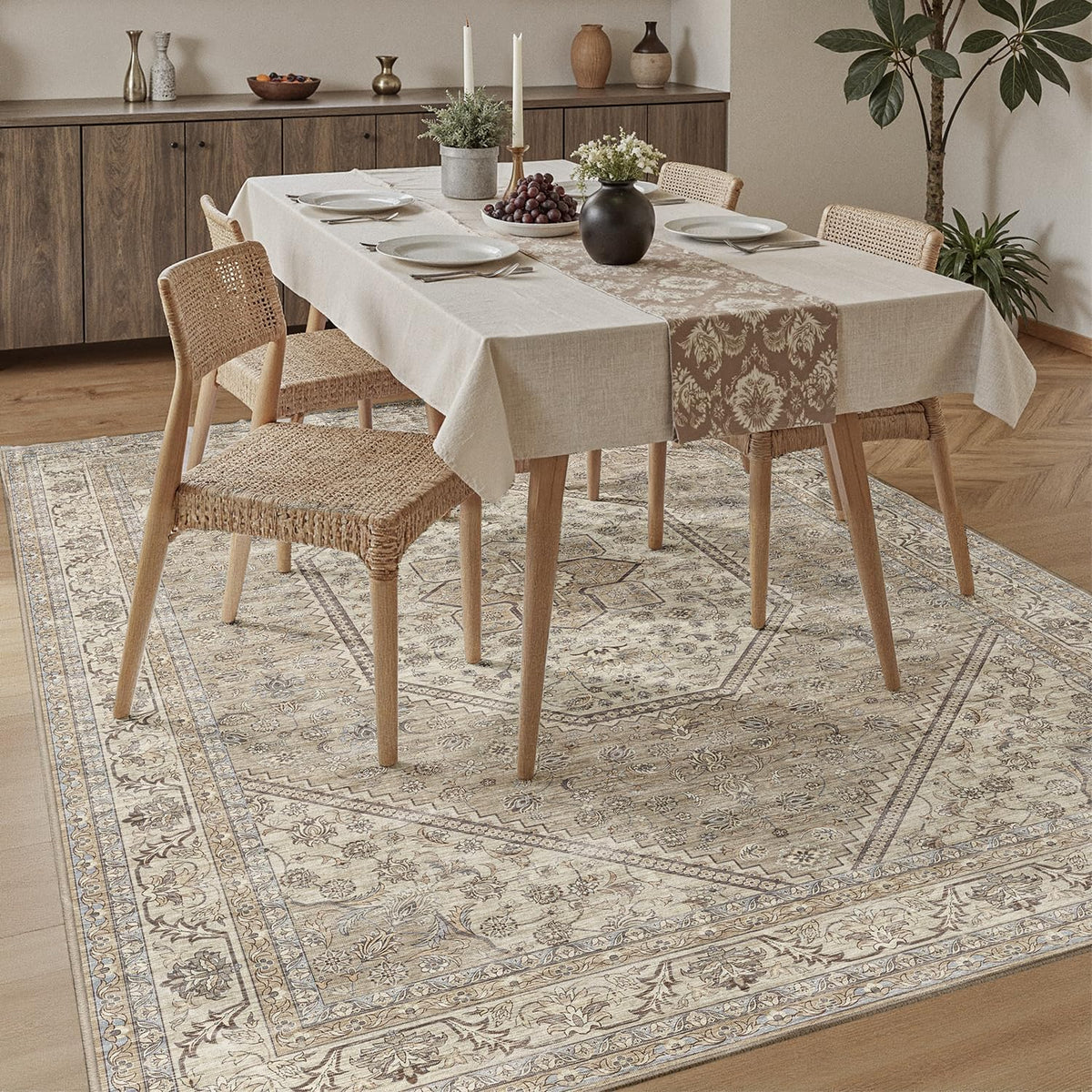 DCX Machine Washable Brown and Beige Area Rug 8x10, Non Slip Stain Resistant Vintage Floral Rug for